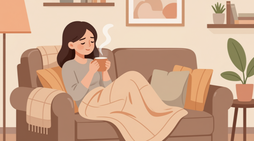 自宅で温かい飲み物を飲んでほっと一息ついている女性のイメージ画像