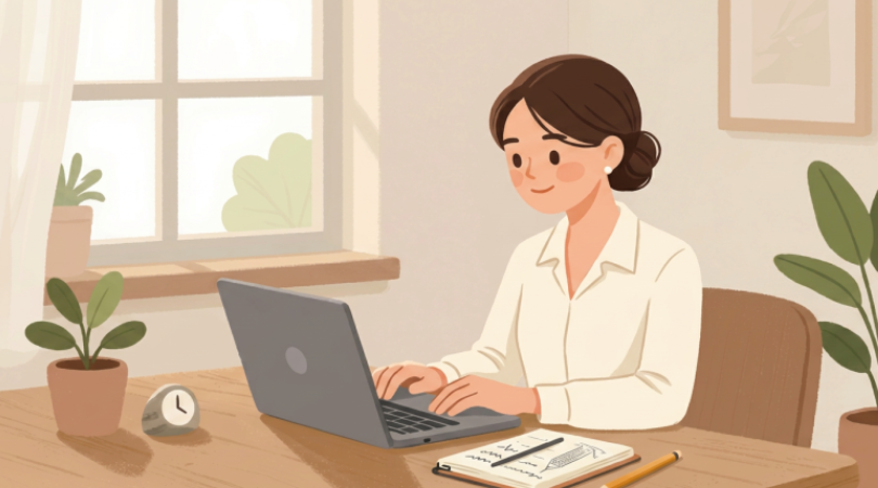 自宅のデスクで作業をしている女性のイメージ画像