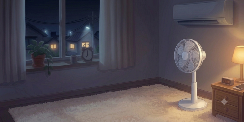 エアコンと扇風機を使用し、快適な睡眠空間を作るイメージ画像