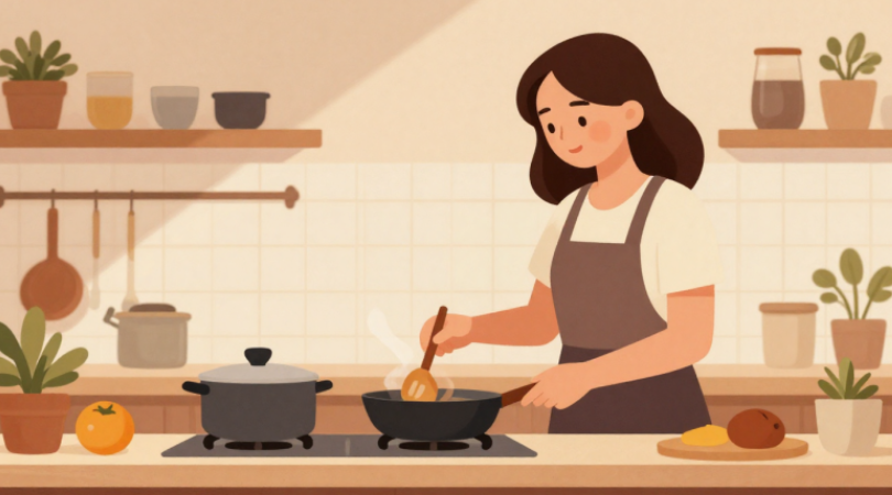 女性が自宅で料理をしているイメージ画像