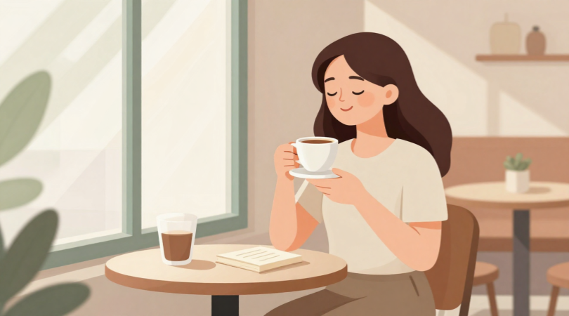 お気に入りのカフェで一息ついてリラックスしている女性のイメージ画像