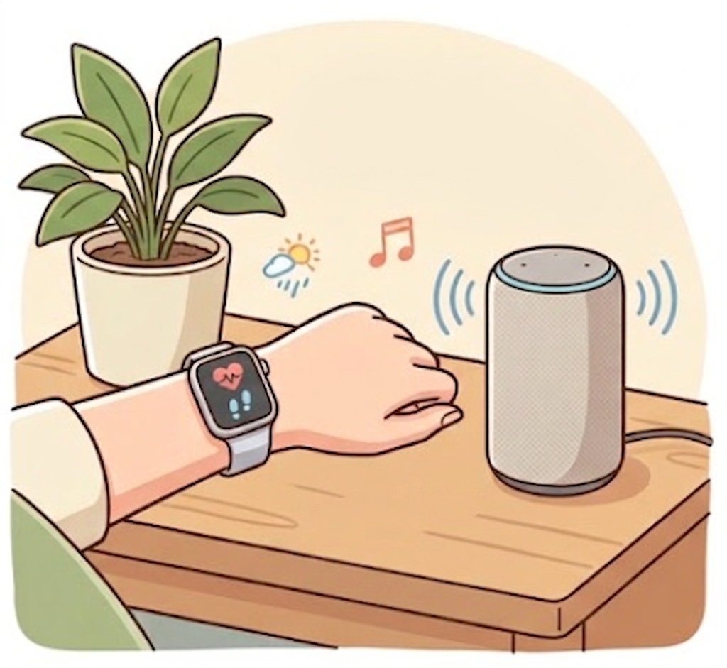 スマートウォッチとスマートスピーカーを使用しているイメージ画像