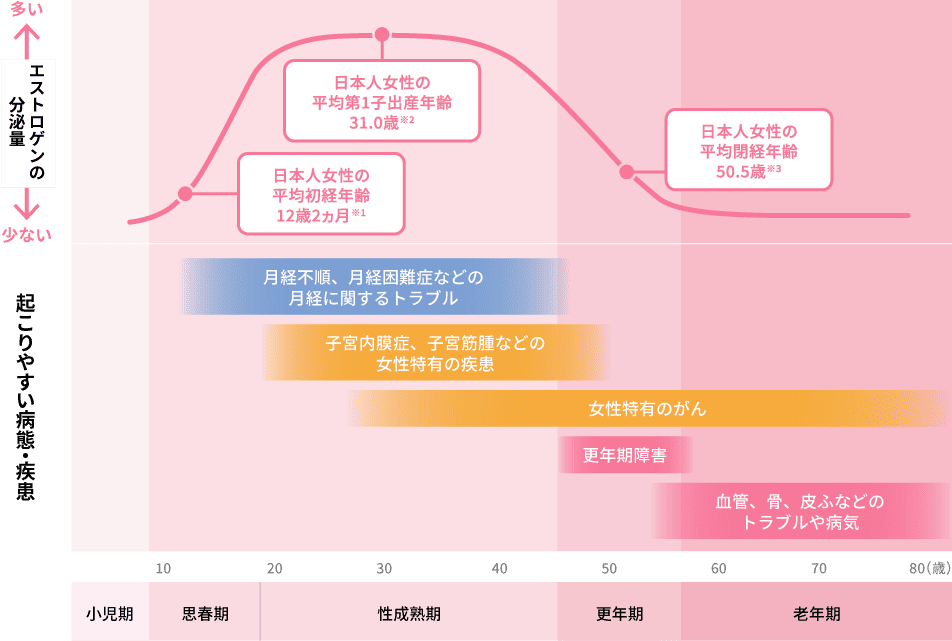 年齢によるエストロゲン分泌量変化を表したグラフ