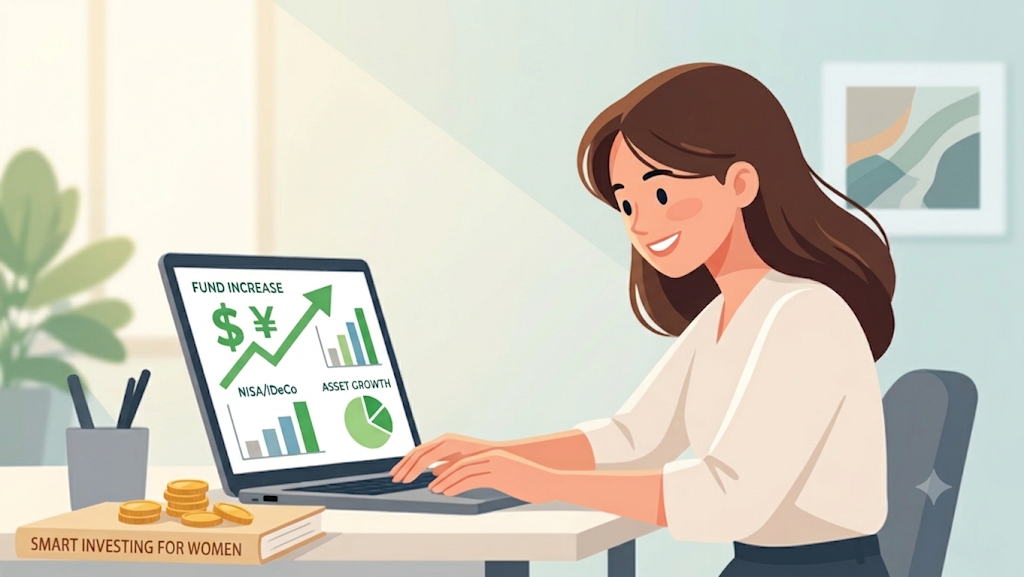 パソコンでNISAやiDeCoなどの資産運用グラフを笑顔で確認する女性のイラスト